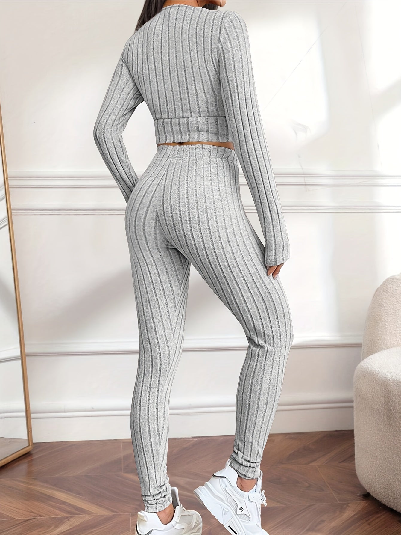 Flattering Ribbed Two-piece Outfit Set - V-Neck Long Sleeve Crop Top & Pants - Casual Chic Style for Women