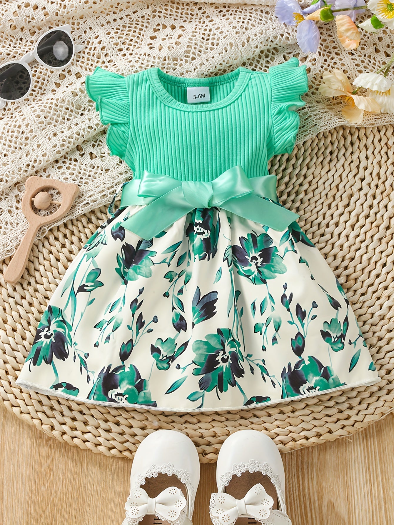 Baby Girls Cute Butterfly Graphic Print Ruffled Sleeve Belted Dress, Kids Summer Comfortable Clothes