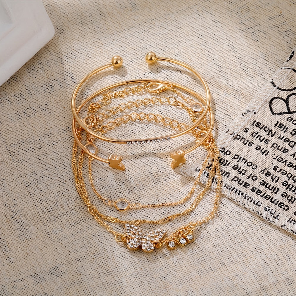 5pcs/Set Exquisite Butterfly-Shaped Rhinestone Cuff Bangle Jewelry for Women - Elegant and Simple Design, Perfect for Daily Wear, Gift-Giving, and Any Occasion - Alloy Material, Rhinestones Mosaic, Other Plating, Suitable for