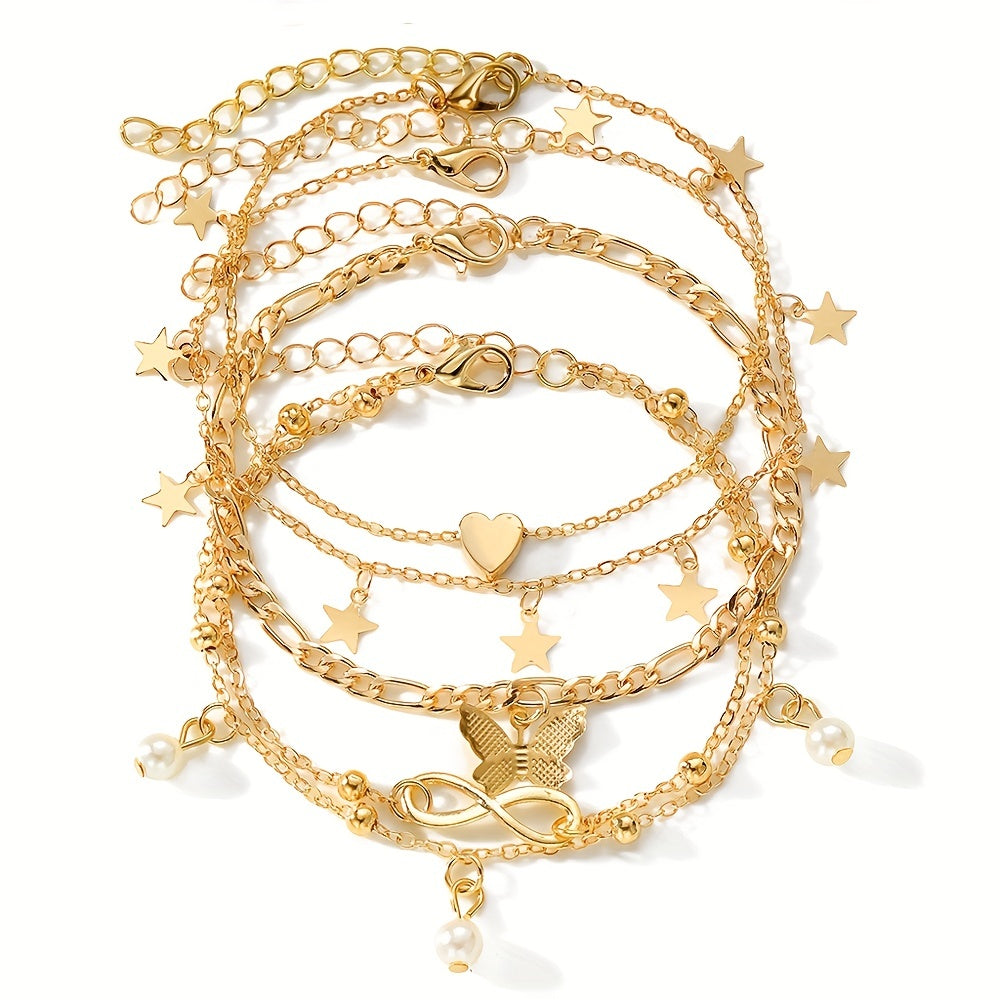 Butterfly Pearl Five-pointed Star Infinity Symbol Love Foot Chain 4pcs Set