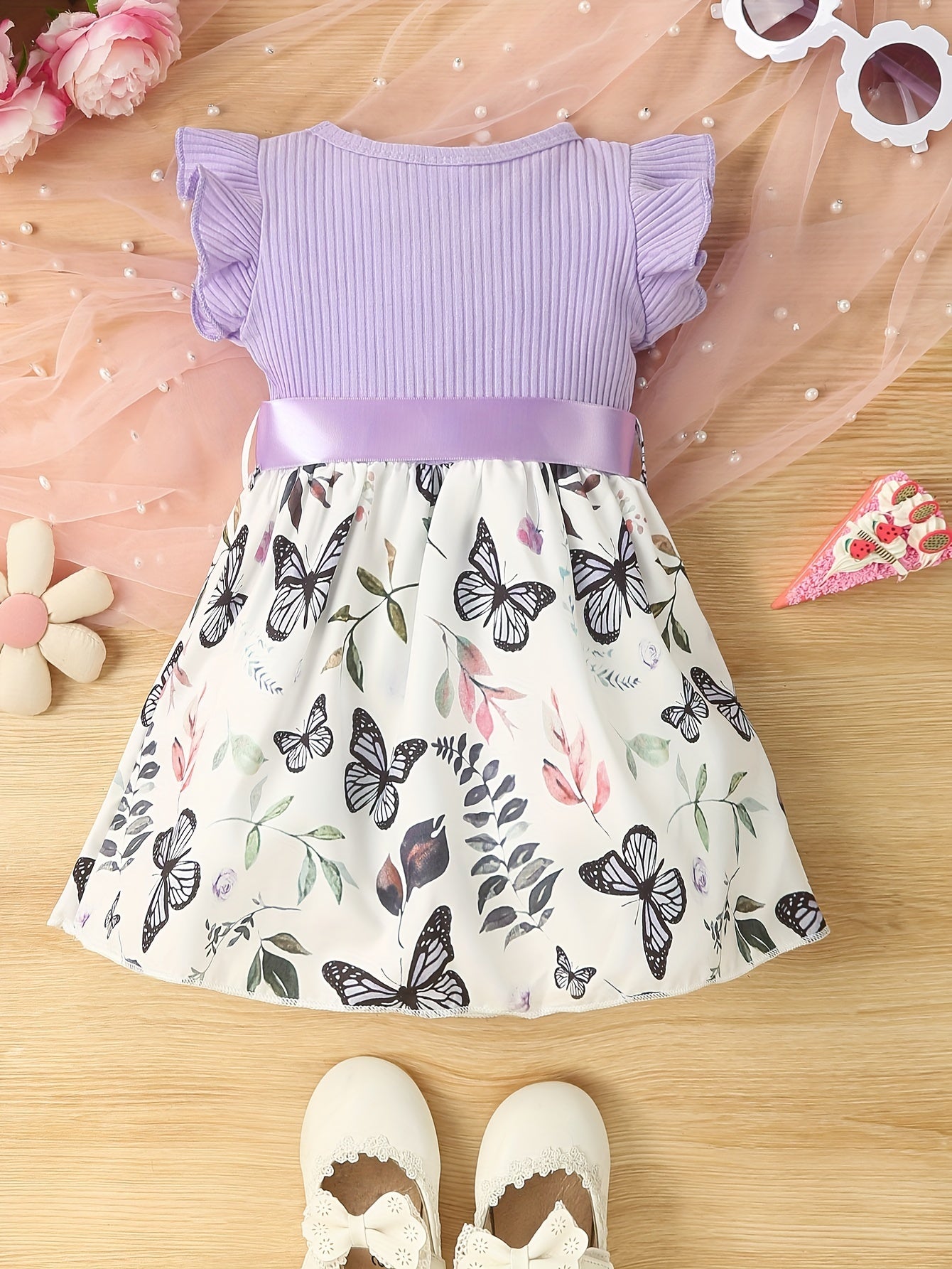 Baby Girls Cute Butterfly Graphic Print Ruffled Sleeve Belted Dress, Kids Summer Comfortable Clothes