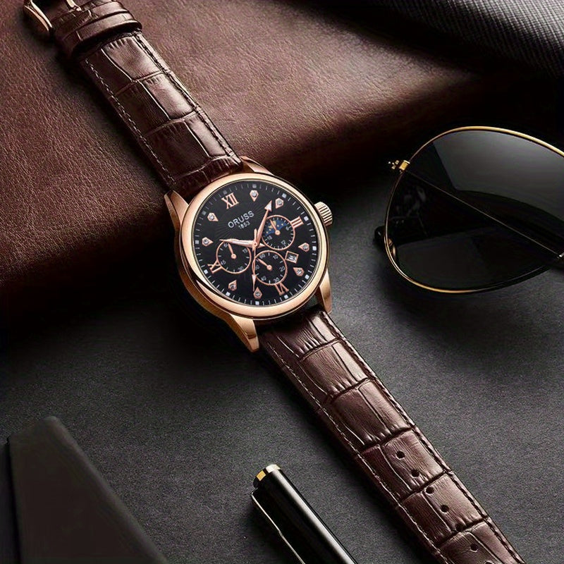 Mens Round Quartz Watch - Funky PU Leather Strap, Non-Waterproof, Electronic Pointer Display, Alloy Case, Ideal Gift for College Gentleman