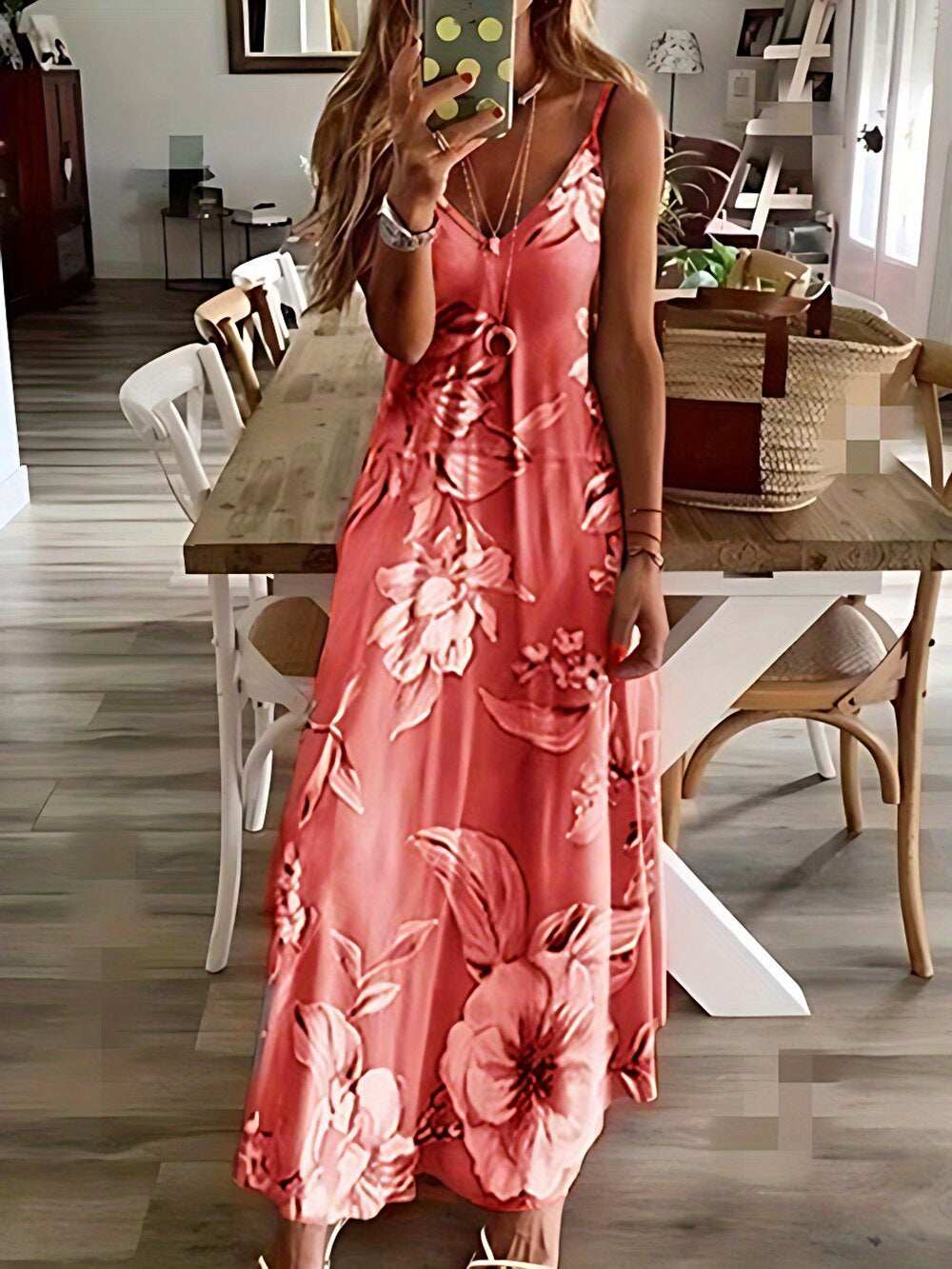 Long Sleeveless Spaghetti Strap Floral Print Slingback Dress - Sexy Beach Style, Regular Fit, Micro Elasticity, Machine Washable, Polyester Fabric - Perfect for Adult Women