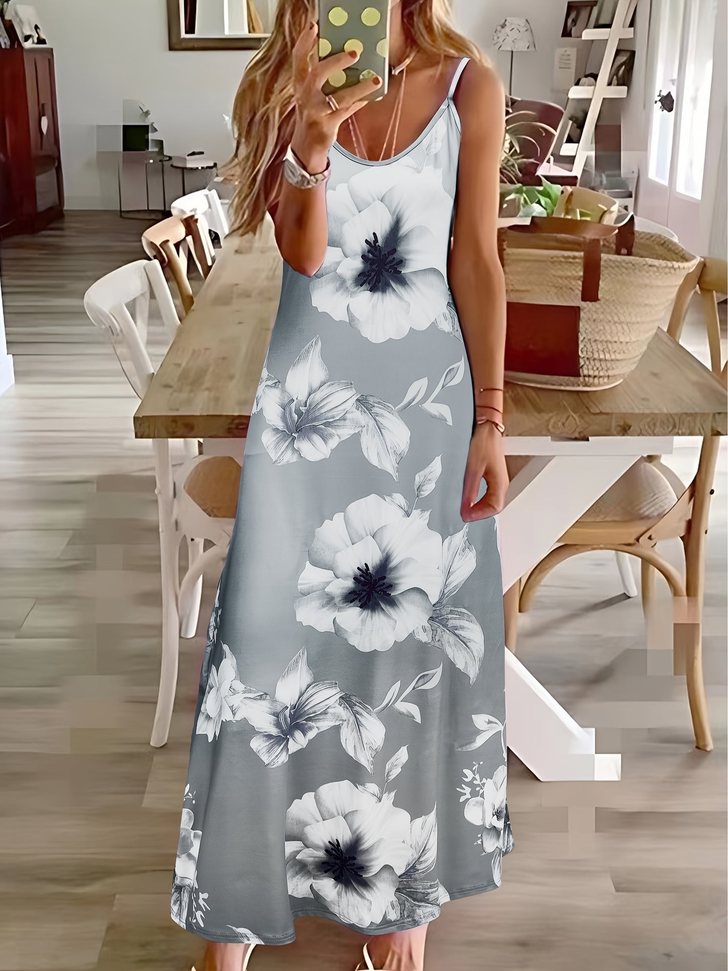 Long Sleeveless Spaghetti Strap Floral Print Slingback Dress - Sexy Beach Style, Regular Fit, Micro Elasticity, Machine Washable, Polyester Fabric - Perfect for Adult Women