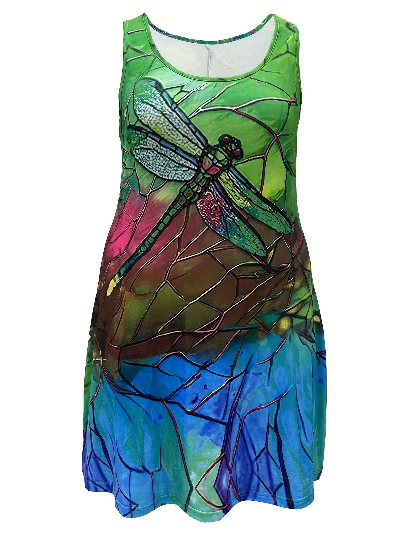 Plus Size Dragonfly Print Tank Dress, Casual Sleeveless Dress For Spring & Summer, Women's Plus Size Clothing