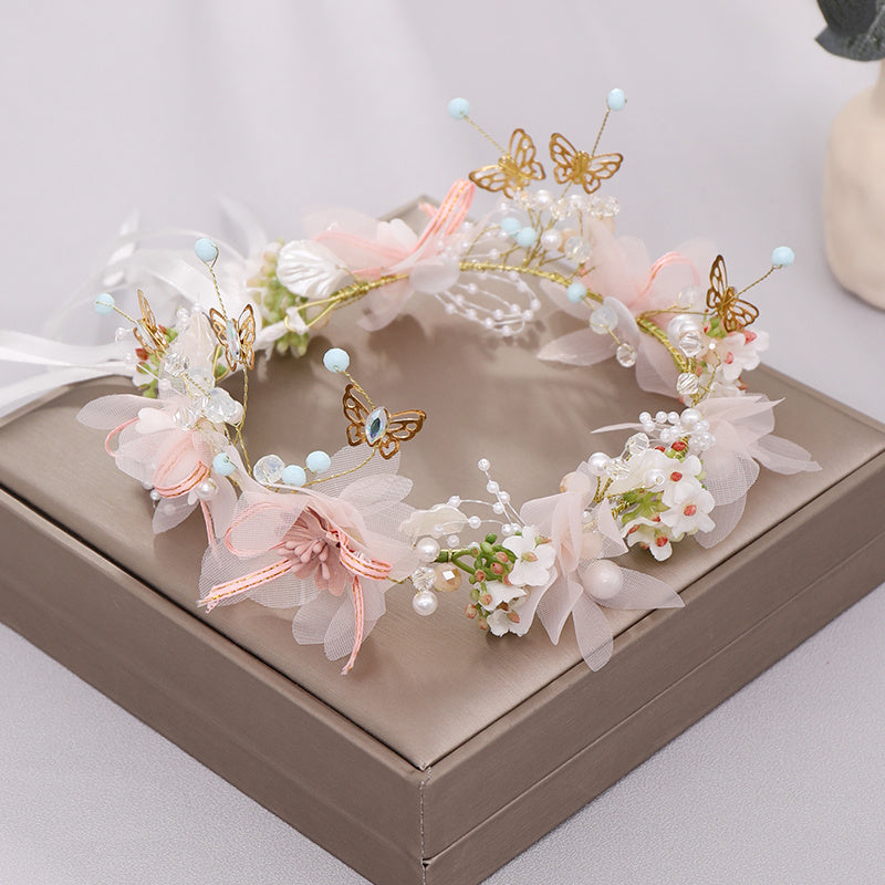 Delicate Butterfly Flower Headband - Handmade Floral Wreath Crown for Flower Girl, Bridal Hair Accessories, Wedding Party Supplies, Soft Fabric, Adjustable One-Size-Fits-All Design