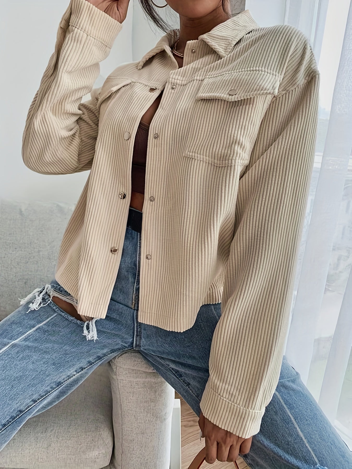 Long Sleeve Corduroy Bomber Jacket - Classic Lapel Collar, Button Front, Single Breasted, Split Sleeve, Regular Fit - Perfect for Weekend Casual, Spring/Fall Season