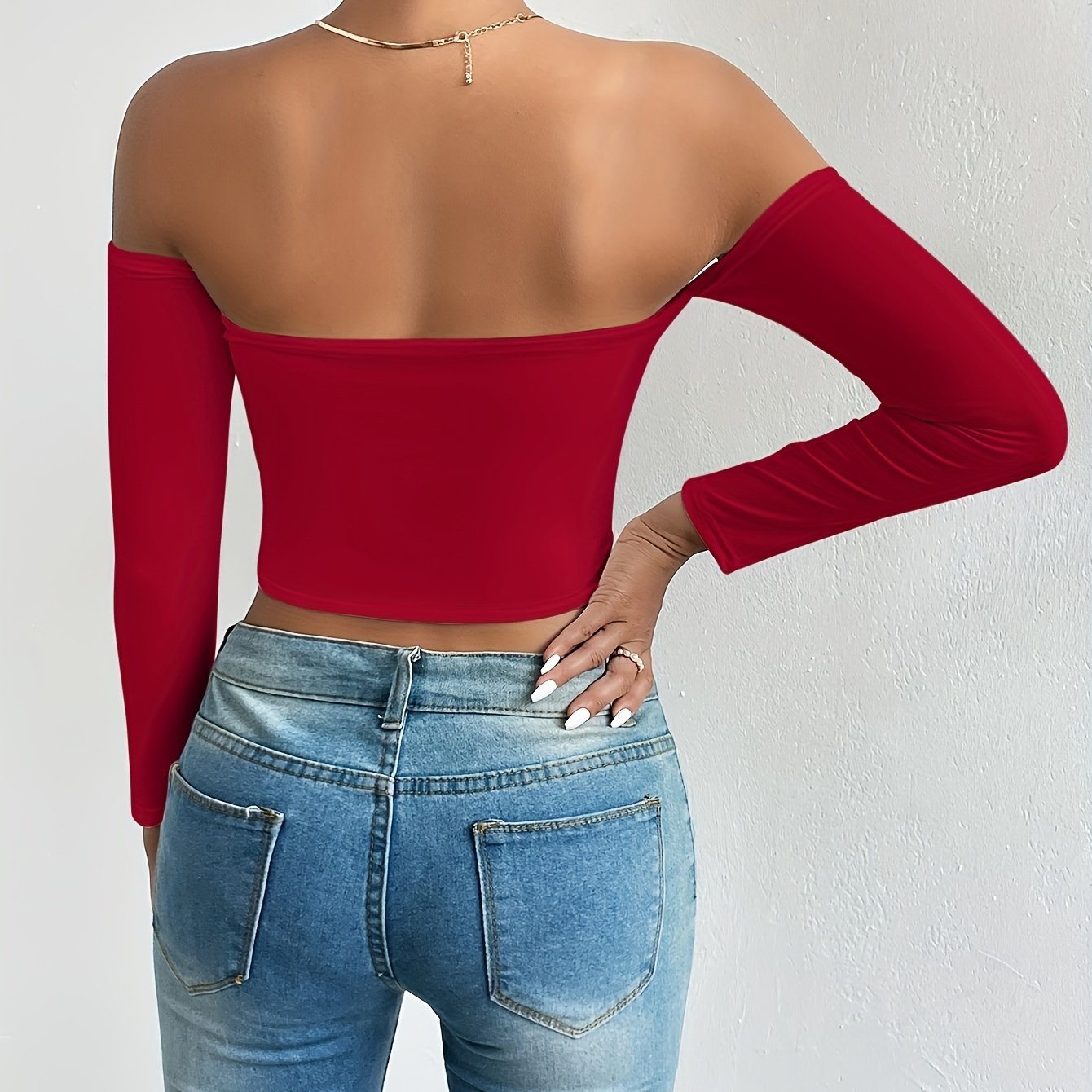 Solid Color Off-shoulder Crop Top, Sexy Long Sleeve Slim Top, Women's Clothing