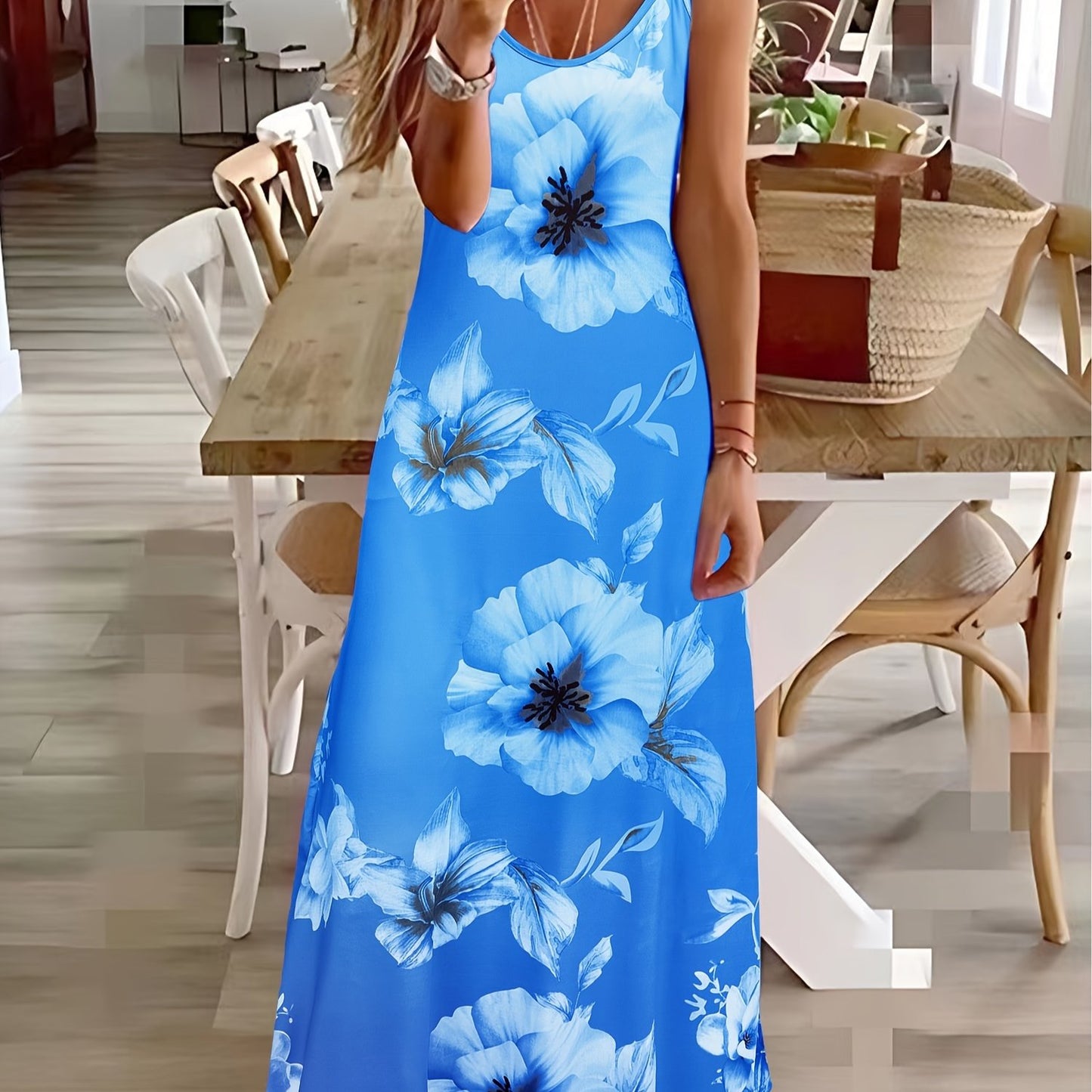 Long Sleeveless Spaghetti Strap Floral Print Slingback Dress - Sexy Beach Style, Regular Fit, Micro Elasticity, Machine Washable, Polyester Fabric - Perfect for Adult Women