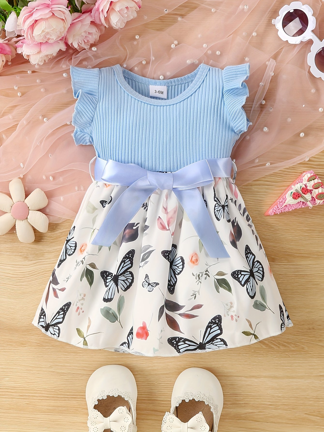 Baby Girls Cute Butterfly Graphic Print Ruffled Sleeve Belted Dress, Kids Summer Comfortable Clothes