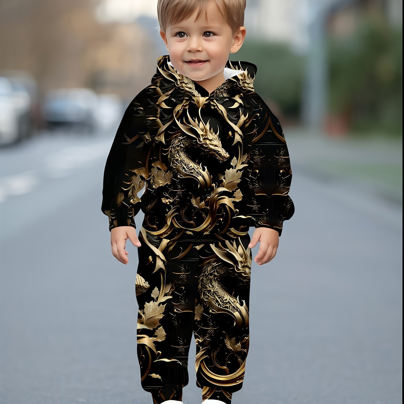 Boy and girl baby onesies with hood, featuring a fashionable Golden dragon pattern, suitable for outdoor activities and casual wear in spring and autumn, providing a comfortable outfit for children., Perfect for Outdoor