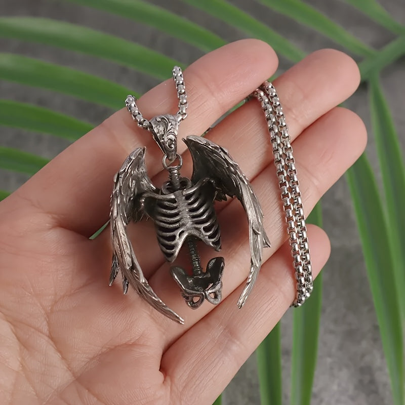 Gothic Wings Grim Reaper Pendant, Skull Necklace For Men, Punk Rock Jewelry Halloween Gift