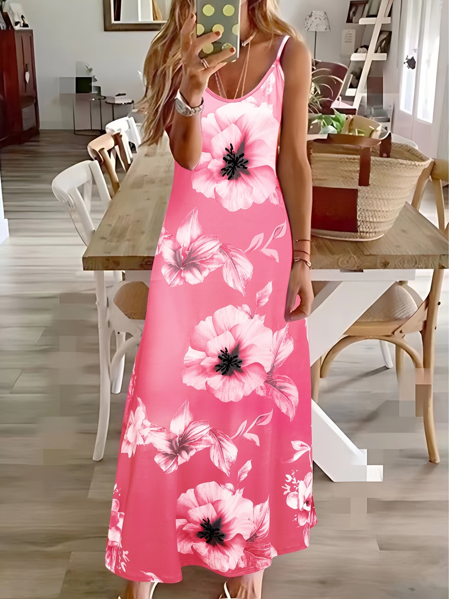 Long Sleeveless Spaghetti Strap Floral Print Slingback Dress - Sexy Beach Style, Regular Fit, Micro Elasticity, Machine Washable, Polyester Fabric - Perfect for Adult Women