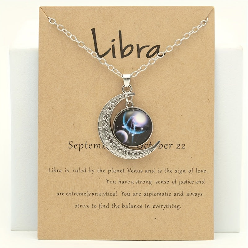 1pc Retro Glow-in-the-Dark Zodiac Moon Pendant Necklace - Vintage Style, Zinc Alloy with Glass Accents, Adjustable Chain for Women - Ideal for Daily Wear & Gifting, Zodiac Jewelry, Gift Jewelry, Vintage Jewelry, Durable Jewel