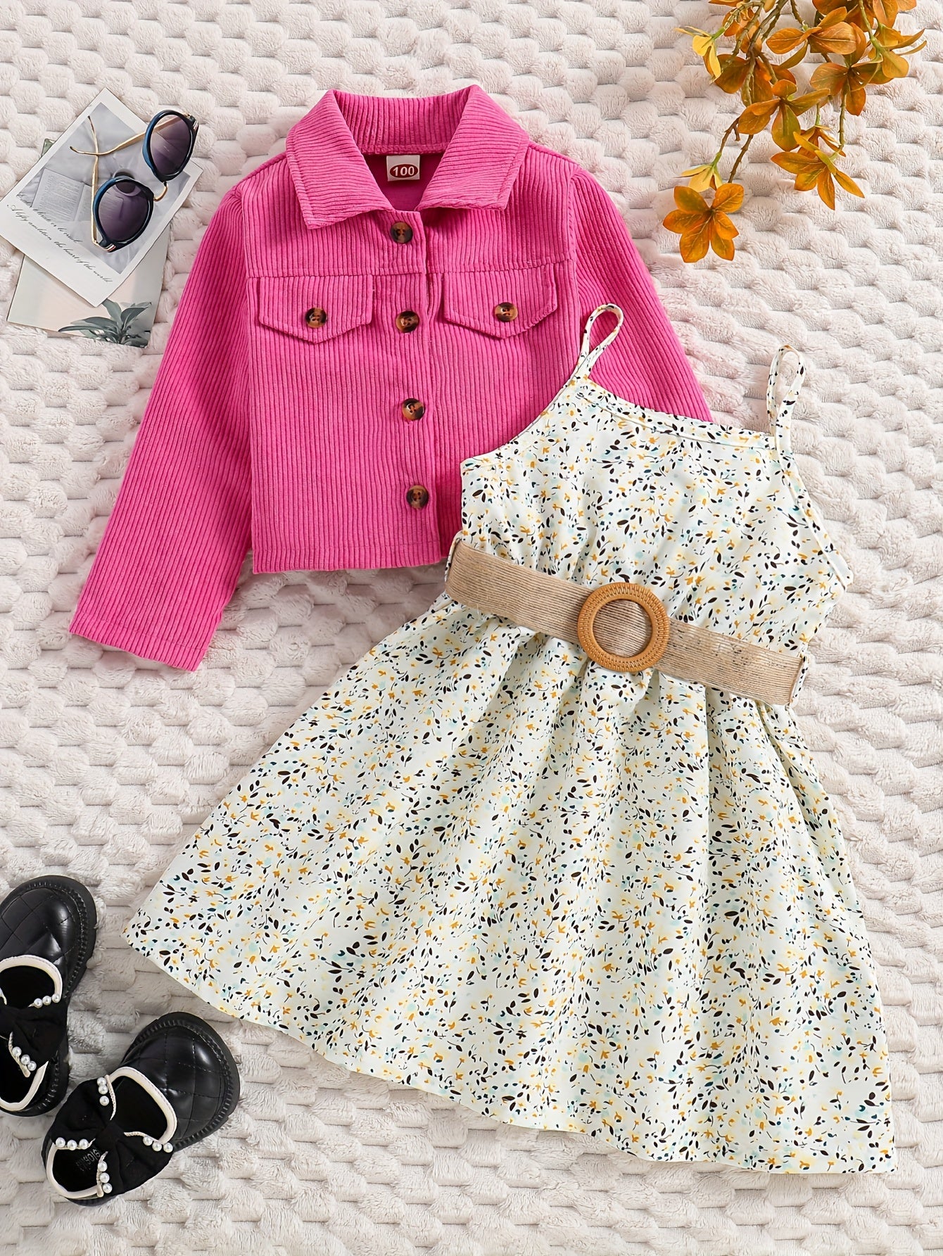 Girl's Casual Outfit 2pcs, Corduroy Jacket & Floral Pattern Dress Set, Kid's Clothes For Spring Autumn Summer