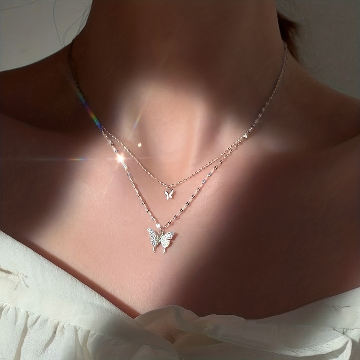 Y2K Rhinestone Butterfly Double Layers Necklace Shiny Silvery Party Dating Gift Daily Jewelry Accessories