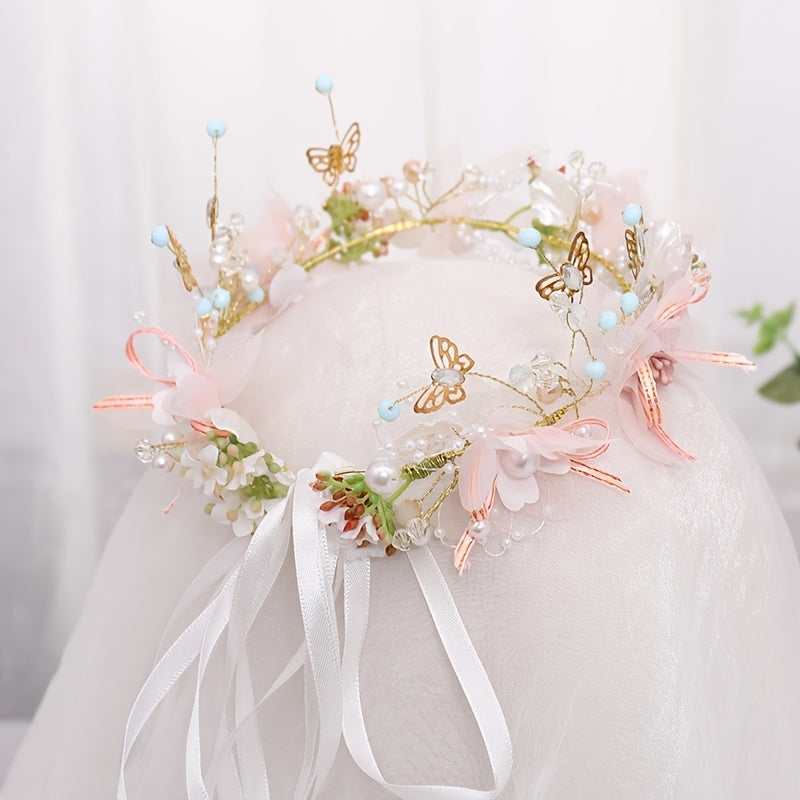 Delicate Butterfly Flower Headband - Handmade Floral Wreath Crown for Flower Girl, Bridal Hair Accessories, Wedding Party Supplies, Soft Fabric, Adjustable One-Size-Fits-All Design