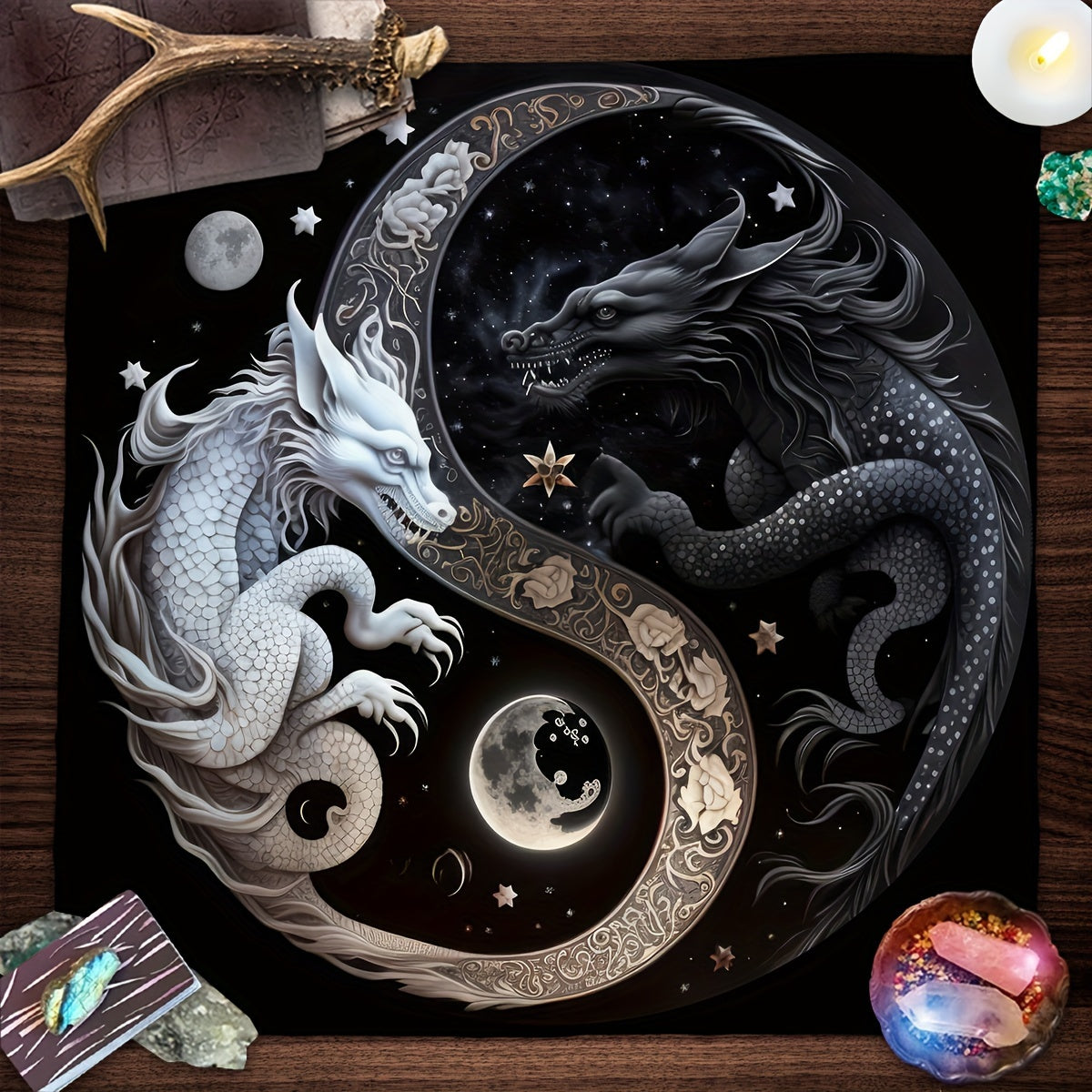 1pc, Chinese Dragon Tarot Card Tablecloth Tapestry Black Moon Starry Sky Dragons Tarot Tablecloth For Spread Tarot Reading Cloth Wall Decoration Home Room Decor
