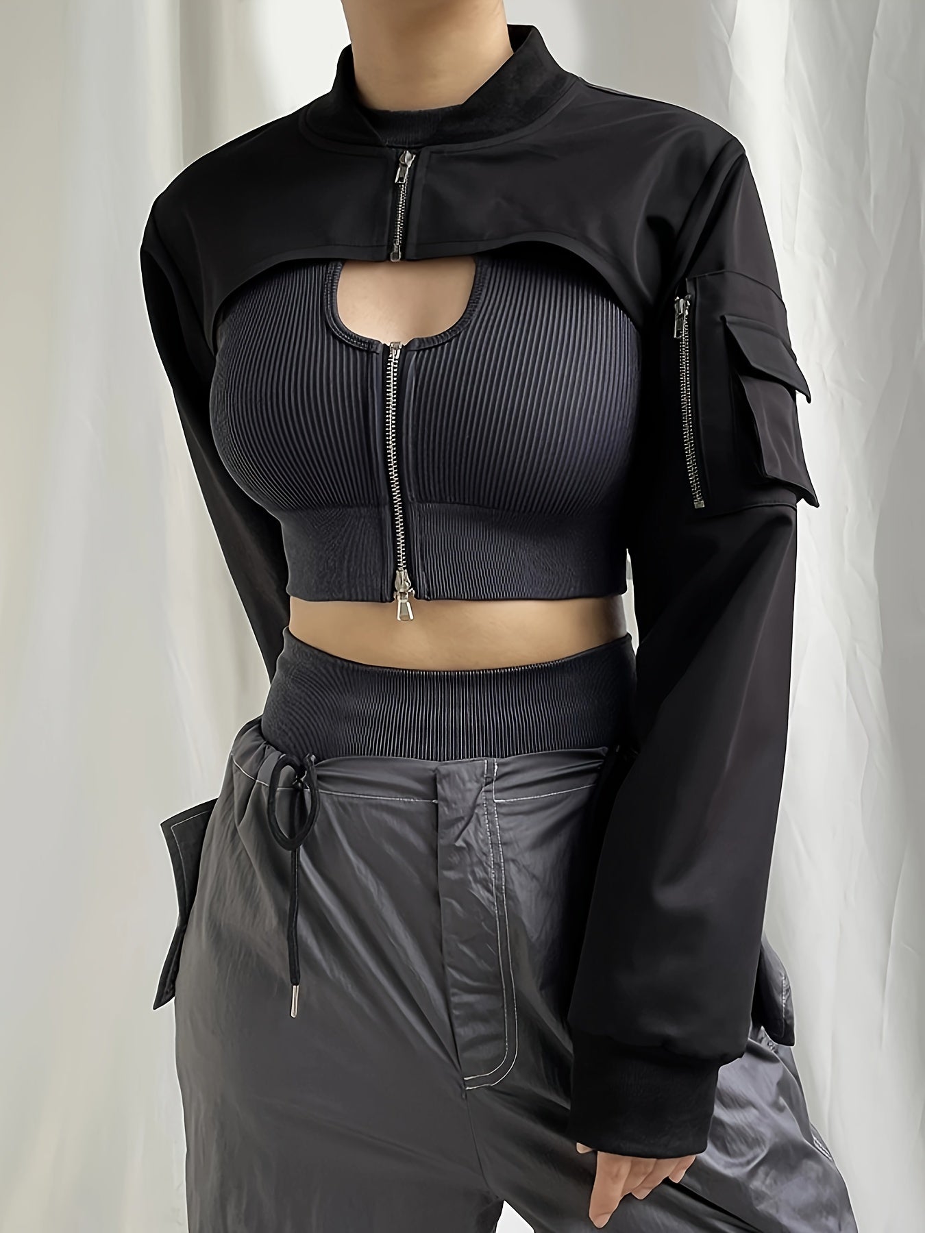 Women's Casual Bomber Jacket with Pockets - Versatile Spring/Fall Wear, Zip-Up Long Sleeve, Machine-Washable Polyester Blend