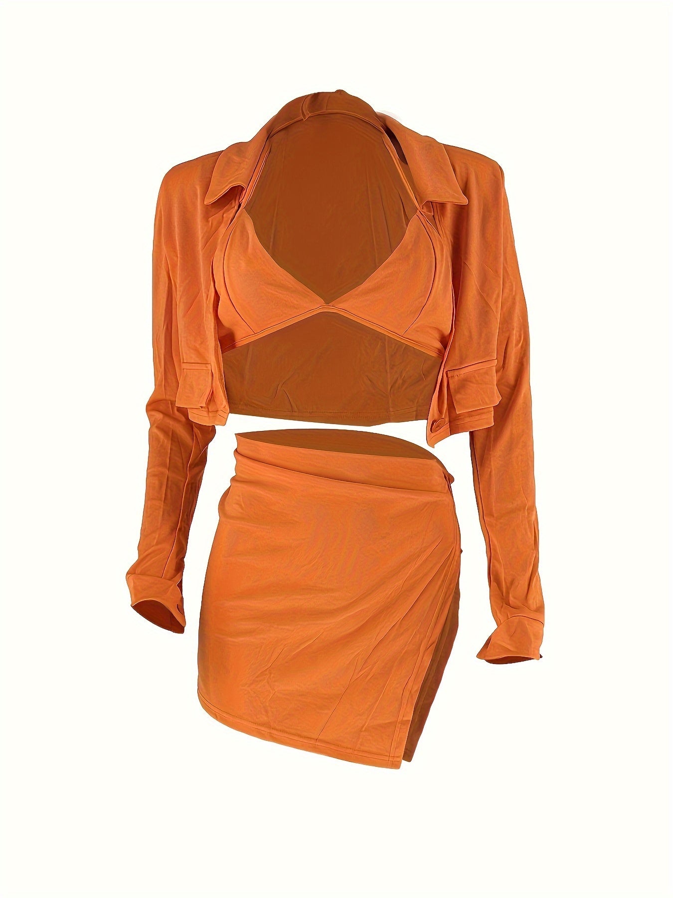 Three-Piece Set - Classic Turn Down Collar Cropped Outerwear, Spaghetti Strap Crop Top Vest, and Split Thigh Mini Skirt for Women - Trendy, Fashion-Forward, and Perfect for Various Occasions