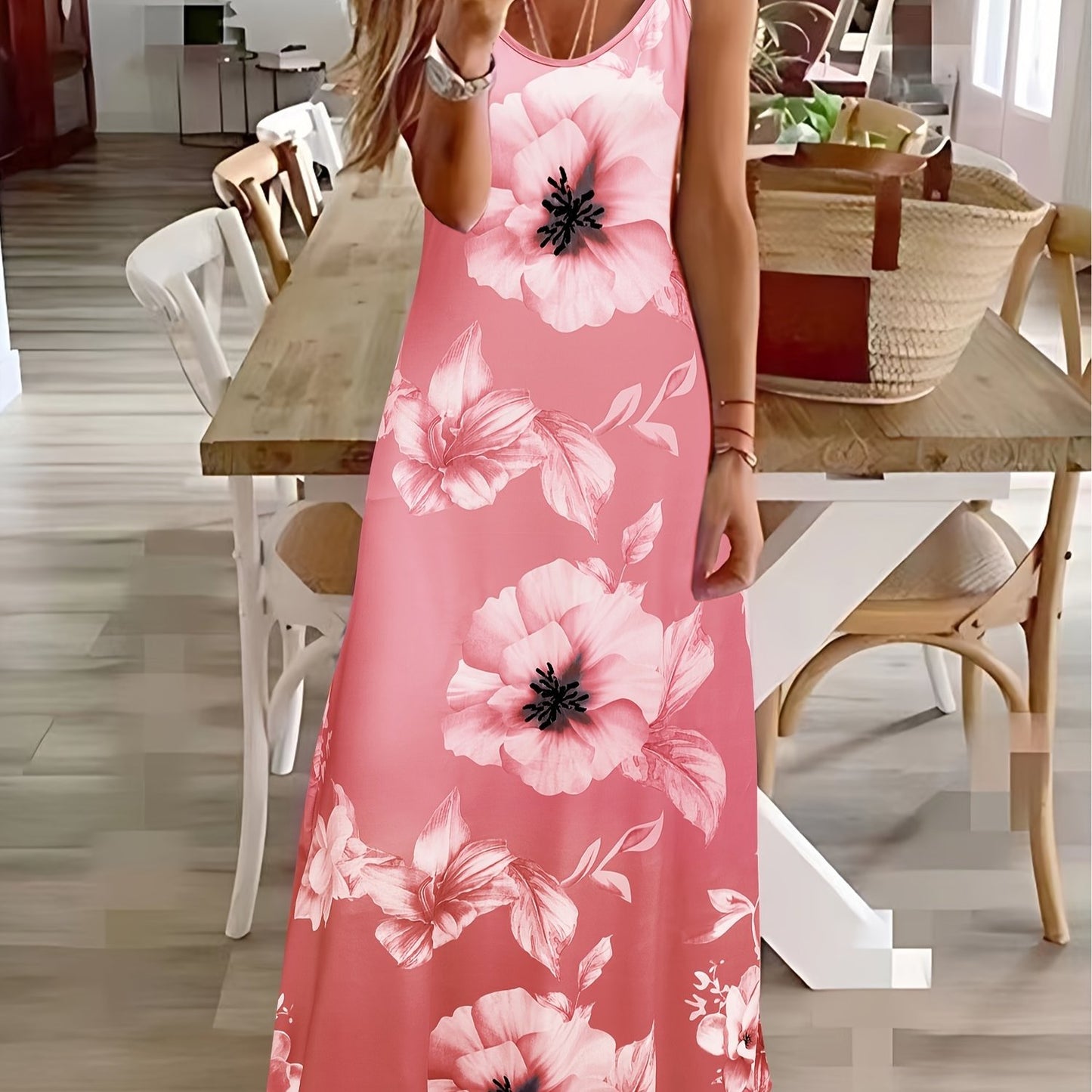 Long Sleeveless Spaghetti Strap Floral Print Slingback Dress - Sexy Beach Style, Regular Fit, Micro Elasticity, Machine Washable, Polyester Fabric - Perfect for Adult Women