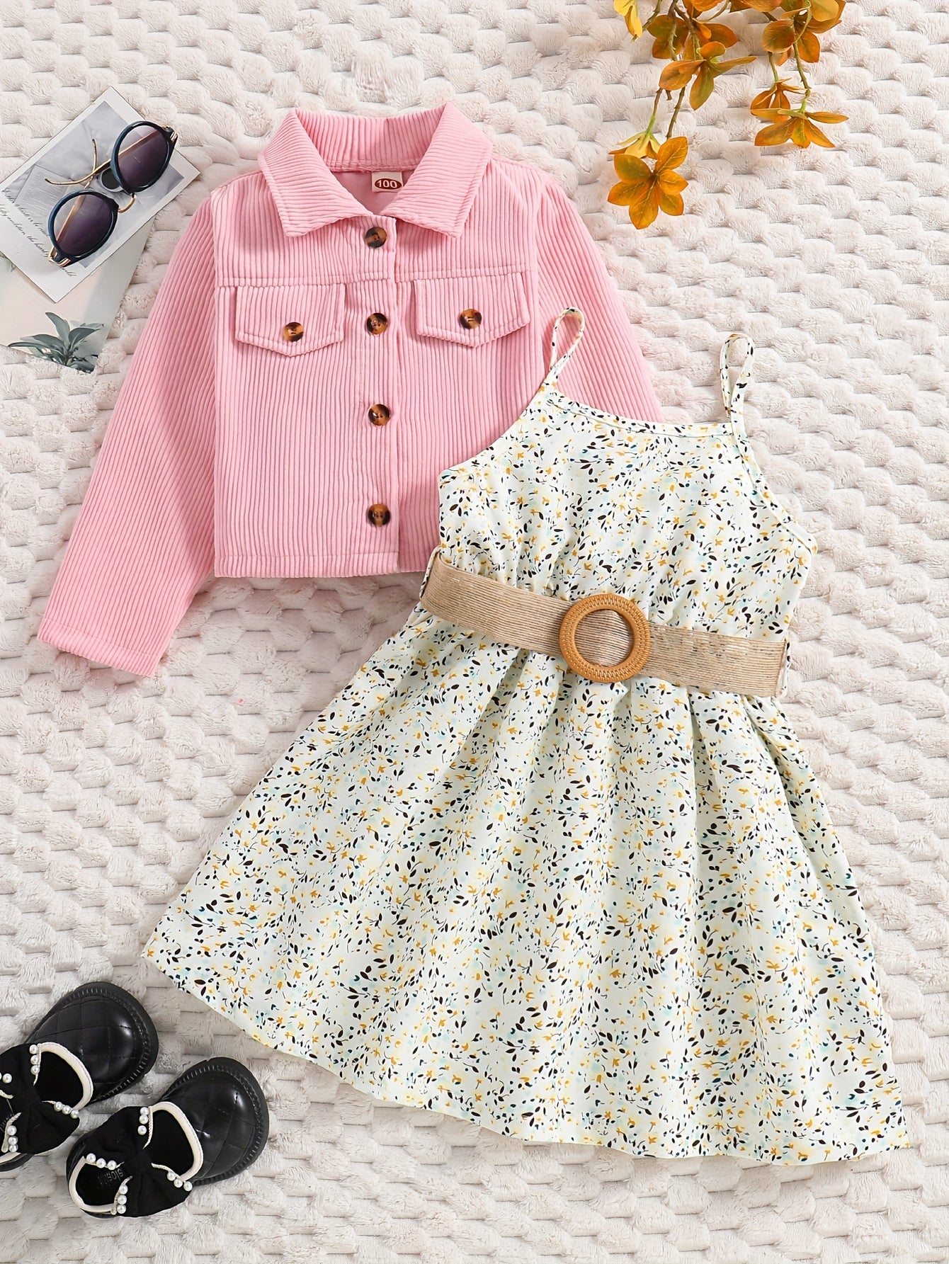 Girl's Casual Outfit 2pcs, Corduroy Jacket & Floral Pattern Dress Set, Kid's Clothes For Spring Autumn Summer