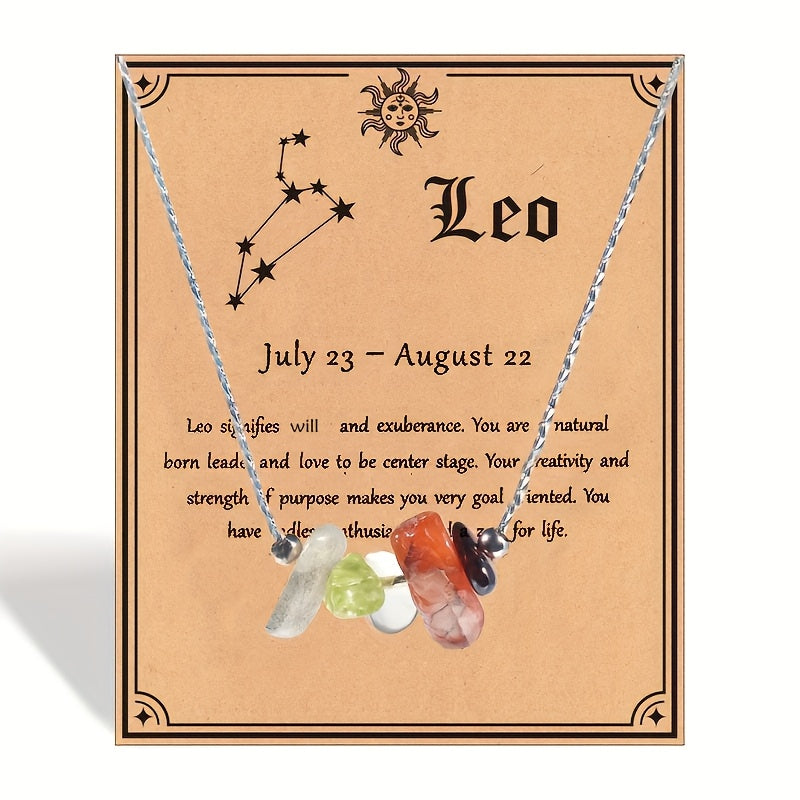 1pc Zodiac Gemstone Necklace with Astrological Card - Perfect Holiday Gift for Gemini, Aries, Leo - Star Sign Stones Pendant with Personality Traits Overview