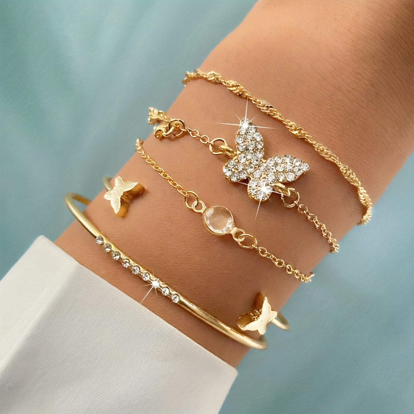 5pcs/Set Exquisite Butterfly-Shaped Rhinestone Cuff Bangle Jewelry for Women - Elegant and Simple Design, Perfect for Daily Wear, Gift-Giving, and Any Occasion - Alloy Material, Rhinestones Mosaic, Other Plating, Suitable for