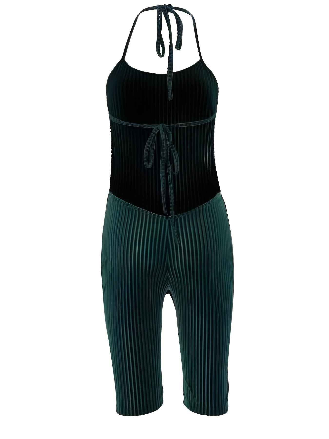 Sexy Velvet Halter Romper for Women - Backless Tie-Up Jumpsuit with Ribbed Texture, Machine Washable, Green, Perfect for Spring/Summer Parties, Plus Rompers And Jumpsuits - Pedlar's Attic