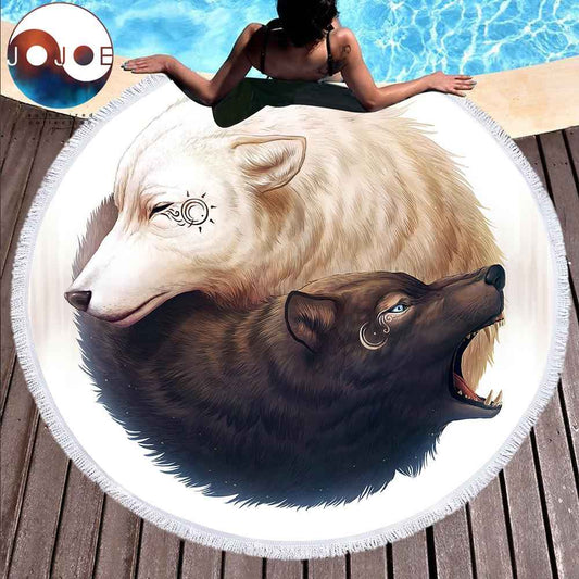 JoJoesArt Yin and Yang Wolves Round Beach Towel – Soft Microfiber with Tassel Design for Stylish Beach Days - Pedlar's Attic