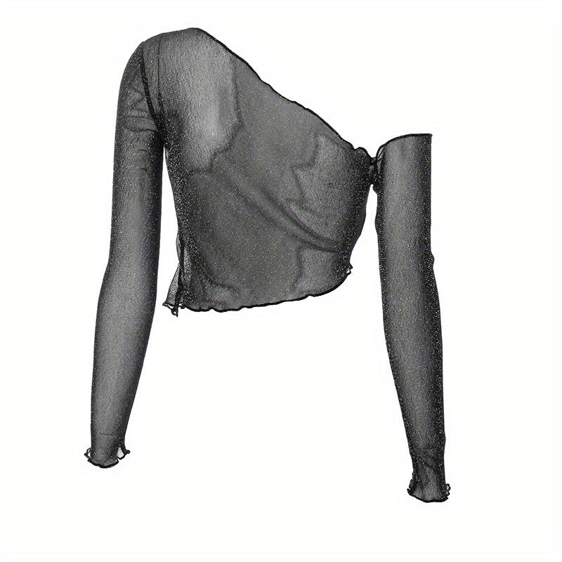 Mesmerizing Mesh Crop Top - Long Sleeve, Semi-Sheer, Breathable, Casual Summer & Spring Essential - Womens Fashion Clothing
