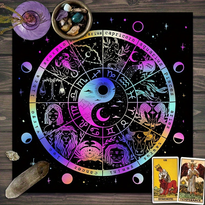 Sun Moon Starry Sky Polyester Tarot Card Tablecloth - 12 Zodiac Constellations Altar Cloth for Tarot Reading, Astrology Themed Party Games & Activities, Durable Material, Electricity-Free, Age 14+ - 1pc