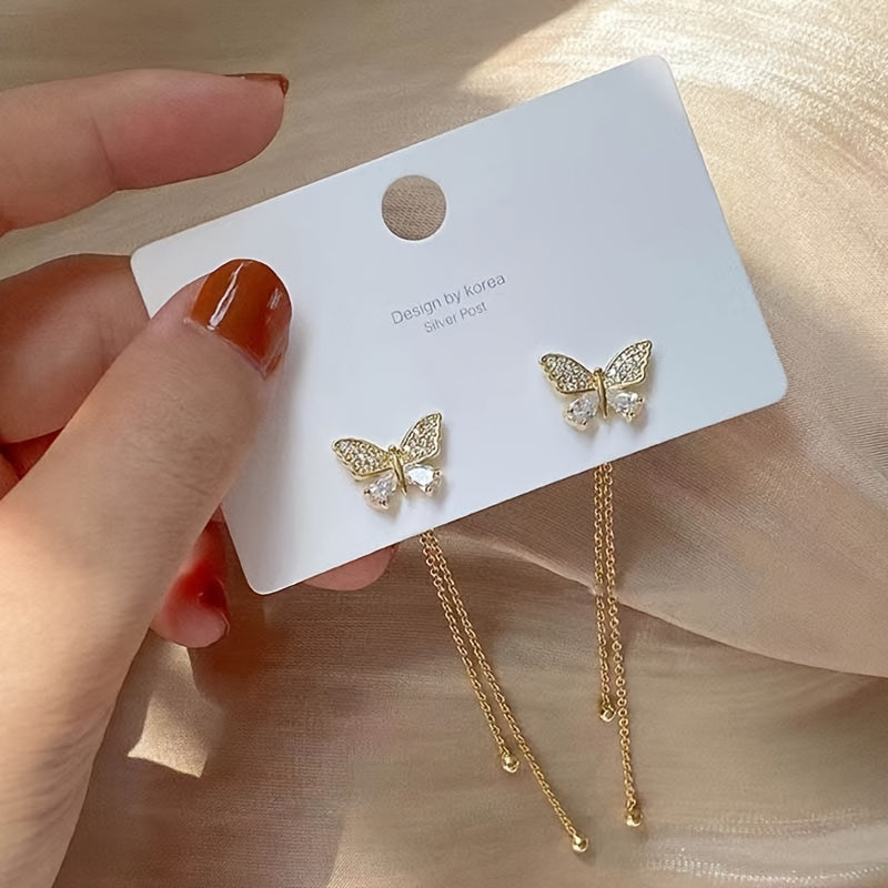2pc One Two Wear Faux Diamond Butterfly Earrings Fairy Tassel Long Temperament Light Luxury Earrings, Ideal choice for Gifts