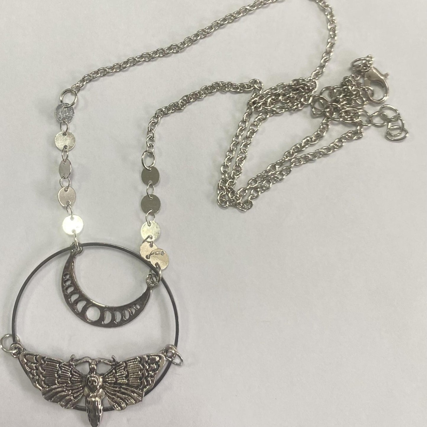 Lunar Moth Pendant Necklace, Vintage Style, Celestial Phases Charm with Metal Chain, Bohemian Gothic Jewelry for Women and Men