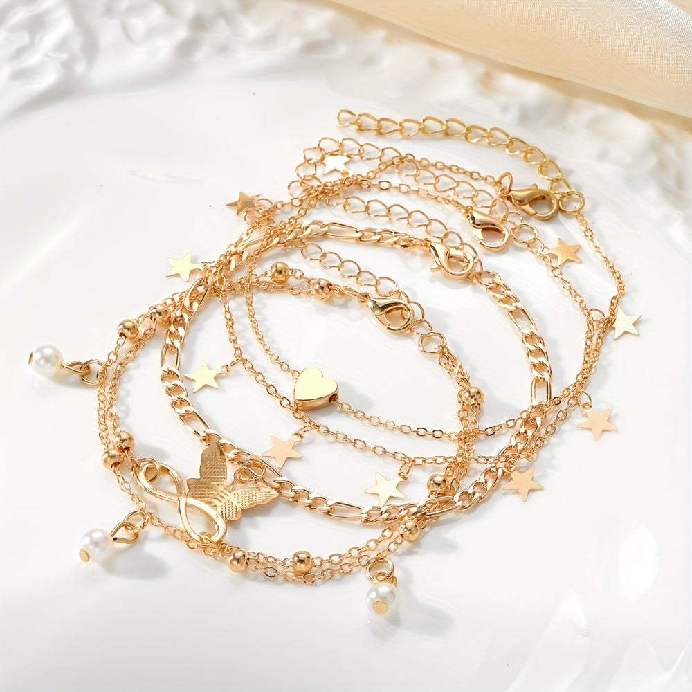 Butterfly Pearl Five-pointed Star Infinity Symbol Love Foot Chain 4pcs Set
