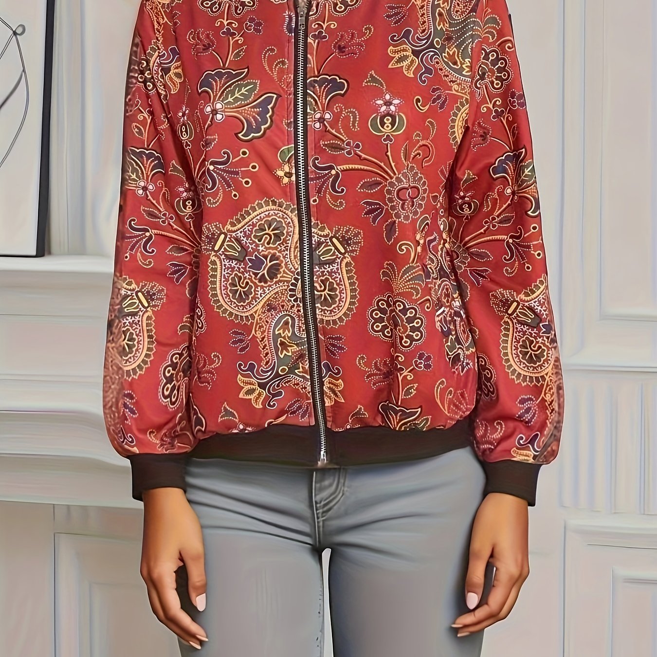 Graphic Print Zipper Jacket, Casual Baseball Neck Long Sleeve Outerwear, Women's Clothing