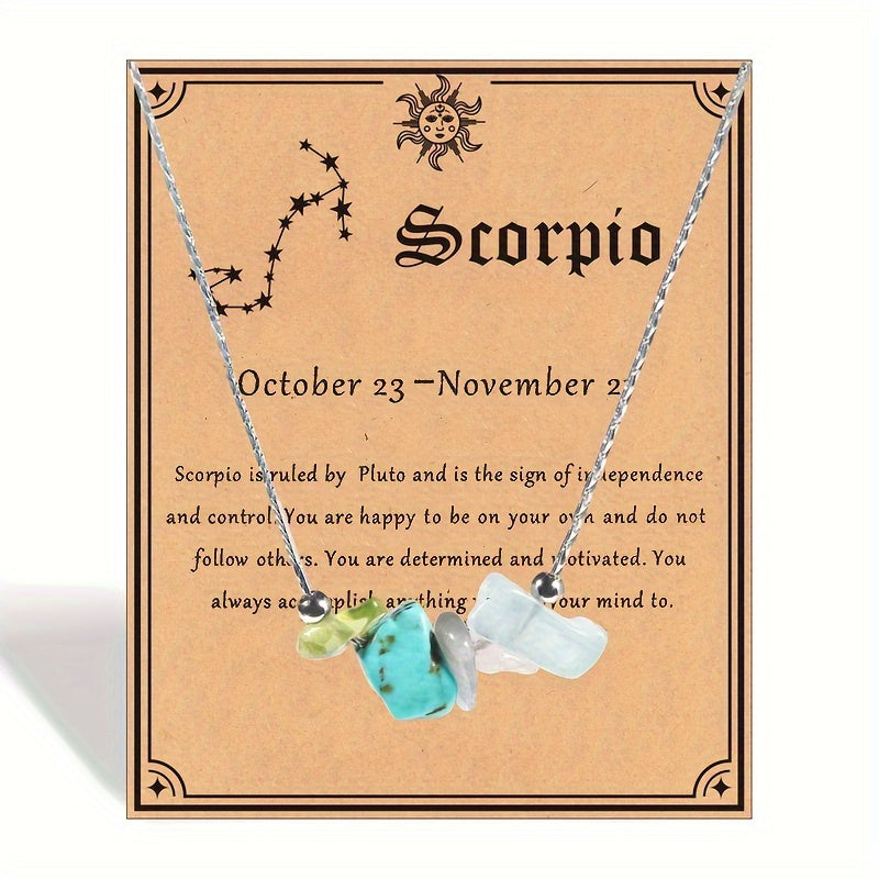 1pc Zodiac Gemstone Necklace with Astrological Card - Perfect Holiday Gift for Gemini, Aries, Leo - Star Sign Stones Pendant with Personality Traits Overview