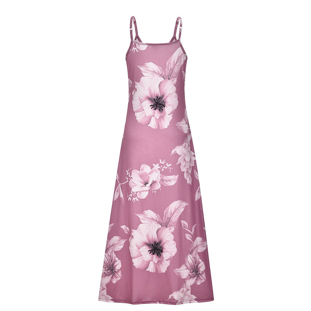 Long Sleeveless Spaghetti Strap Floral Print Slingback Dress - Sexy Beach Style, Regular Fit, Micro Elasticity, Machine Washable, Polyester Fabric - Perfect for Adult Women