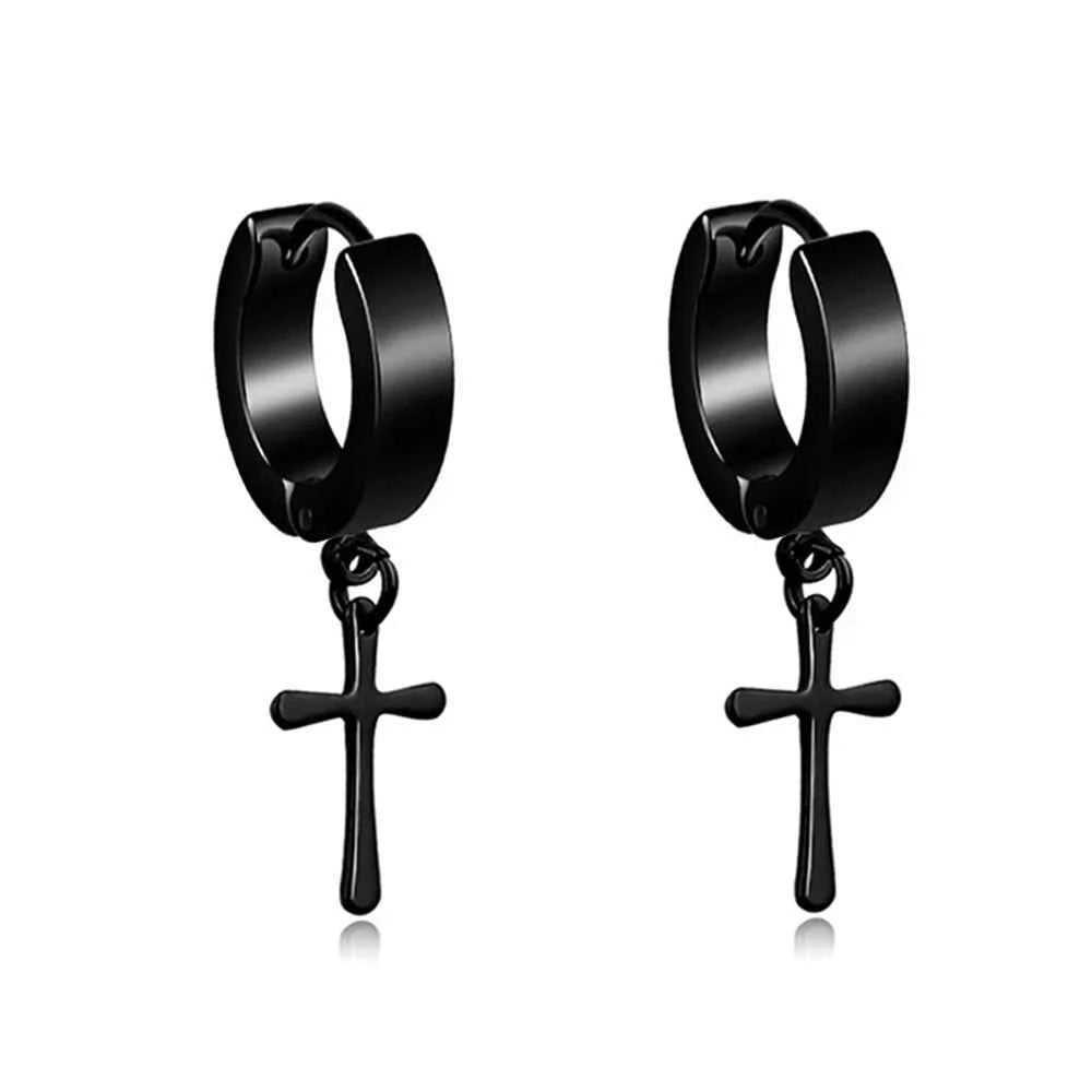 2023 New Black Punk Stainless Steel Women Men Hoop Earrings Small Trendy Round Cross Pendants Jewelry Accessories Gifts Earrings
