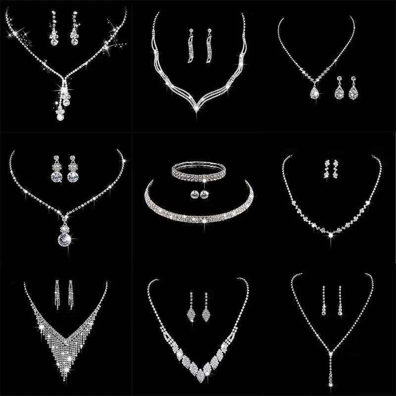 Fashion Crystal Bride Jewelry Set Rhinestone Silver-plated Wedding Dress Banquet Necklace Earring Set Ladies Gift
