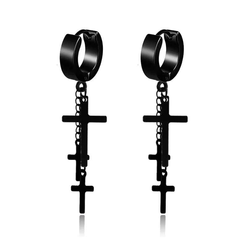2023 New Black Punk Stainless Steel Women Men Hoop Earrings Small Trendy Round Cross Pendants Jewelry Accessories Gifts Earrings