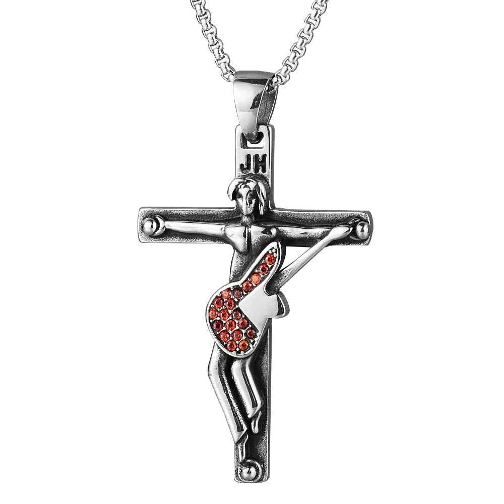 Johnny Hallyday Guitar Cross Pendant Necklace - Stainless Steel Floating Locket for Men, Inspirational Christian Jewelry Gift - Pedlar's Attic