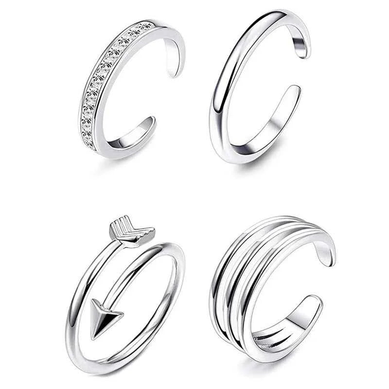 4Pcs Simple Alloy Crystal Foot Ring Adjustable Opening Toe Ring For Women Girl Summer Beach Vacation Jewelry Finger Ring