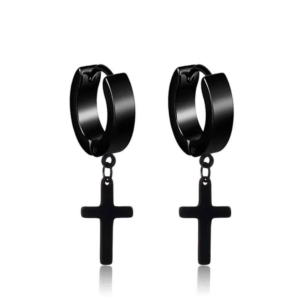2023 New Black Punk Stainless Steel Women Men Hoop Earrings Small Trendy Round Cross Pendants Jewelry Accessories Gifts Earrings