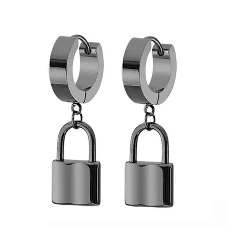 2023 New Black Punk Stainless Steel Women Men Hoop Earrings Small Trendy Round Cross Pendants Jewelry Accessories Gifts Earrings