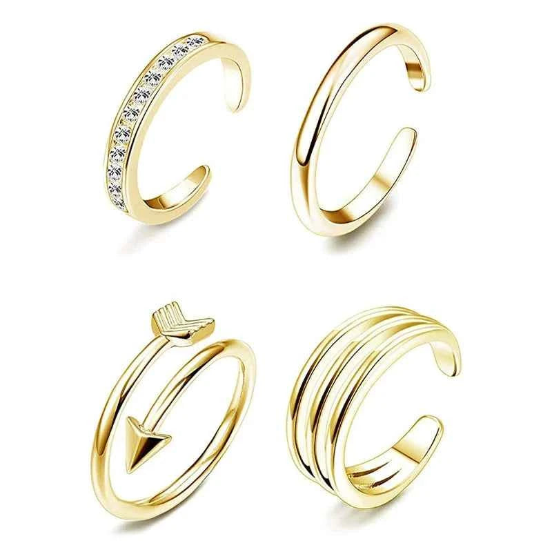 4Pcs Simple Alloy Crystal Foot Ring Adjustable Opening Toe Ring For Women Girl Summer Beach Vacation Jewelry Finger Ring