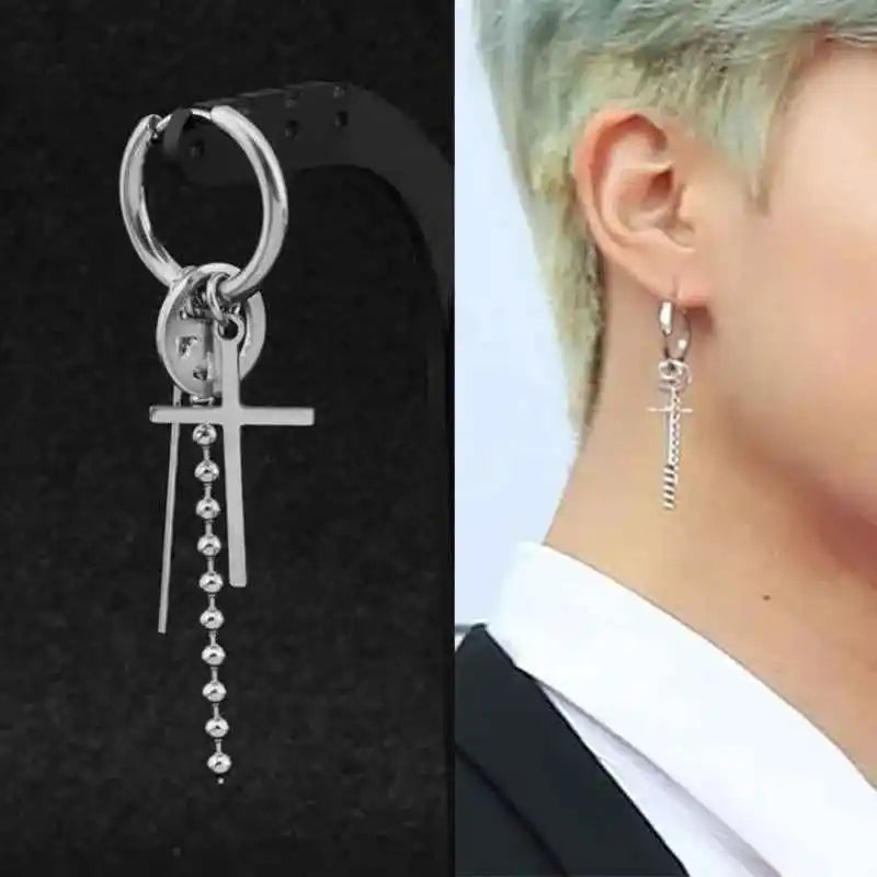 1 PC Boy Korean Punk Stainless Steel Cross Hoop Earring For Men Long Chain Tassel Leaf Moon Rock Hip Hop Piercing Stud Jewelry - Pedlar's Attic