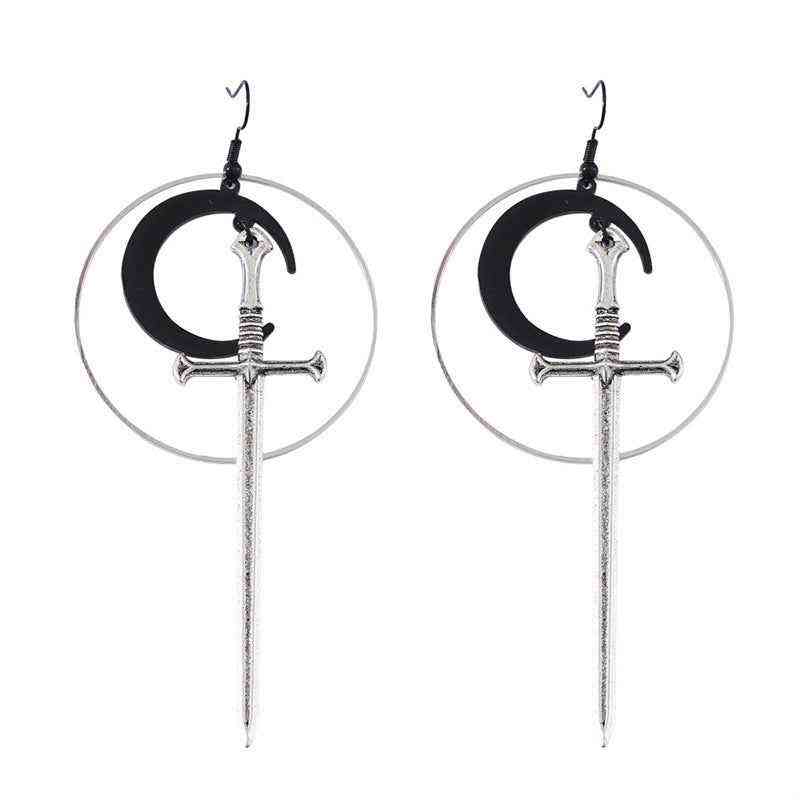 Fashionable Gothic Silver Hoop Black Moon Sword Earrings, - Pedlar's Attic
