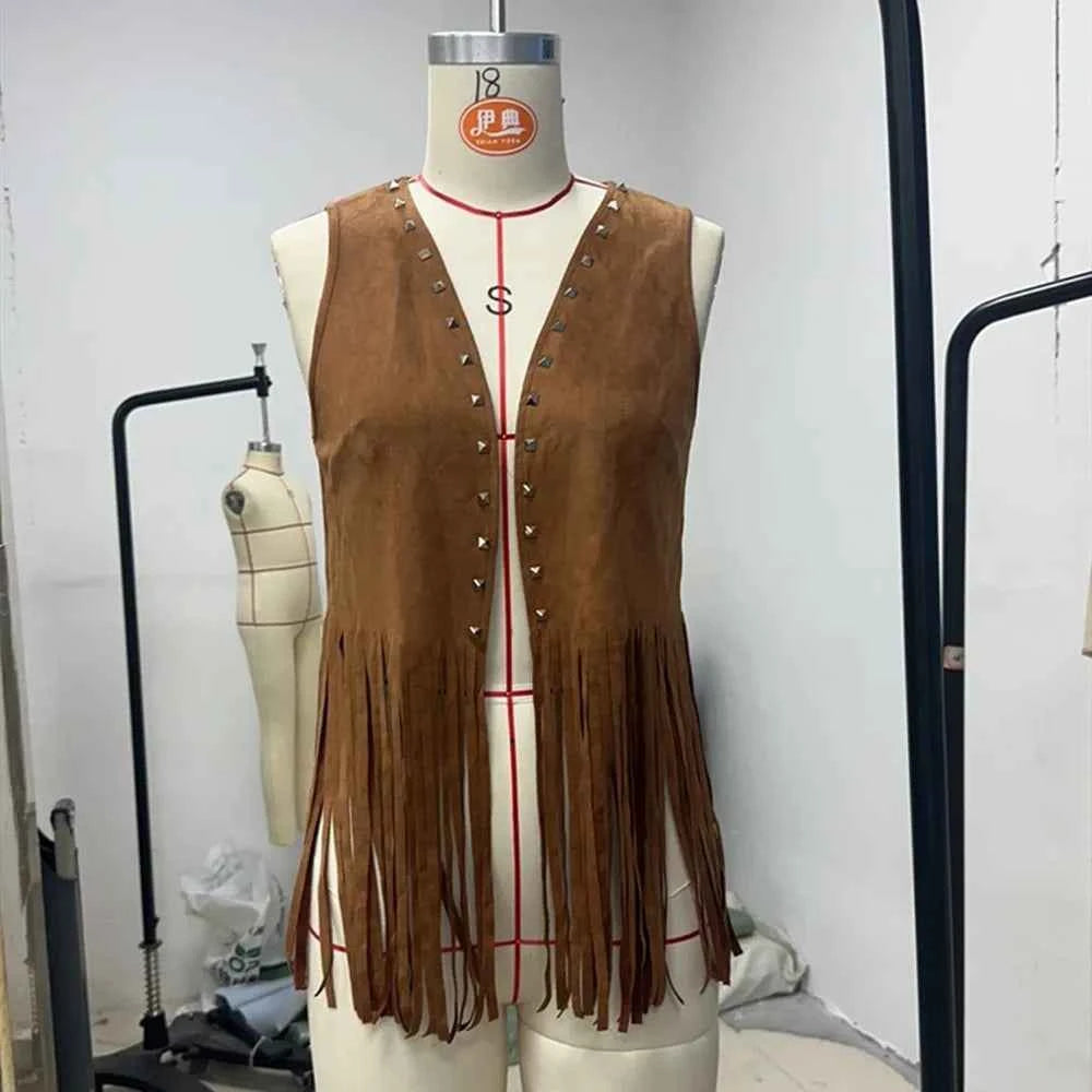 Women Vintage Sleeveless Faux Suede Fringe Vest Rivets Leather Western Boho Tassel Jacket Open Front Hippie Cardigan 2025
