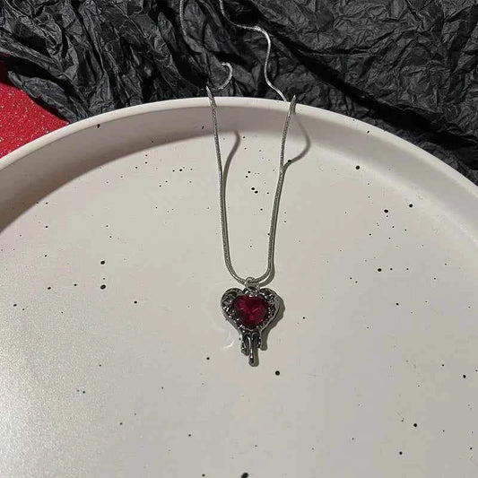 2026Vintage Goth 90s Silver Color Red Peach Heart Pendant Chain Necklace For Women Men Y2K Aesthetic Jewelry Accessories